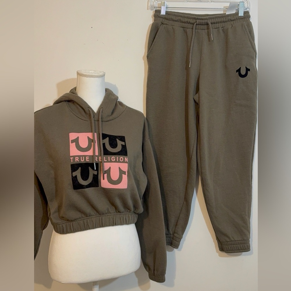 True Religion Olive and Pink Cropped Hoodie